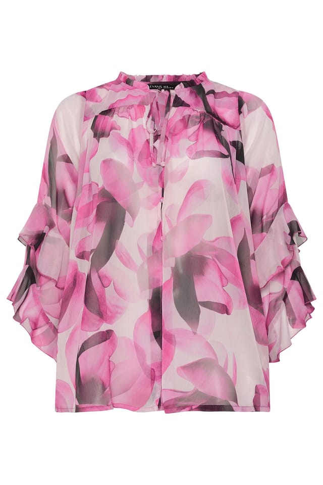 Evans Evans Women's Floral Tie Neck Frill Blouse in Pink - 2