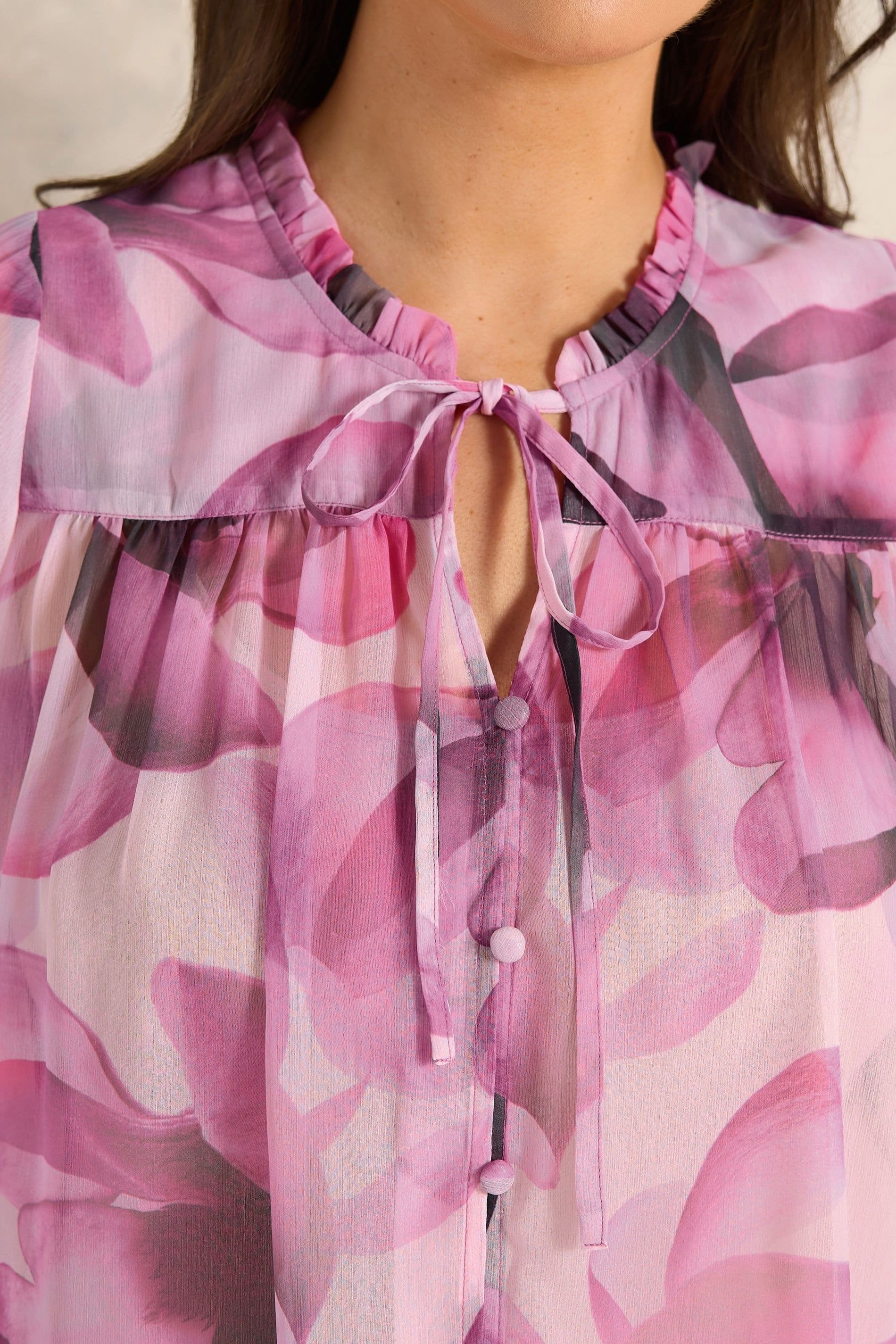 Evans Evans Women's Floral Tie Neck Frill Blouse in Pink - 4