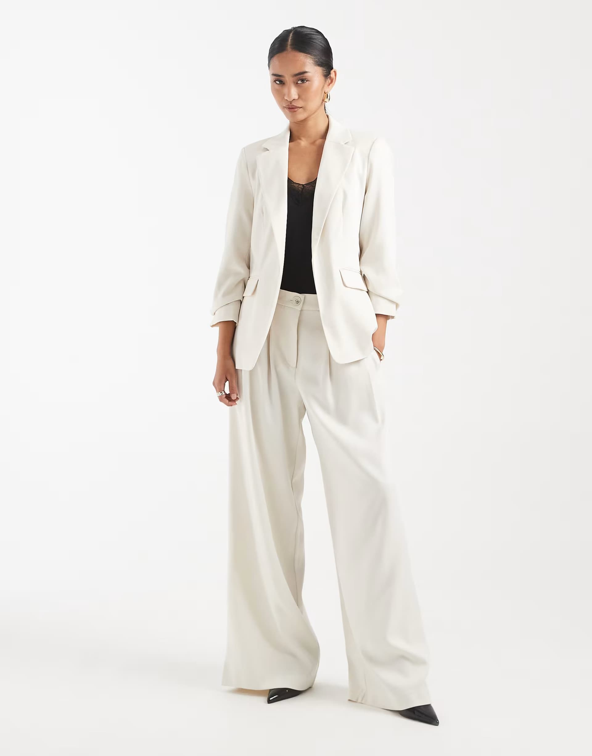 ASOS Vero Moda ruched sleeve blazer and pleat front wie leg tailored trouser co-ord in birch