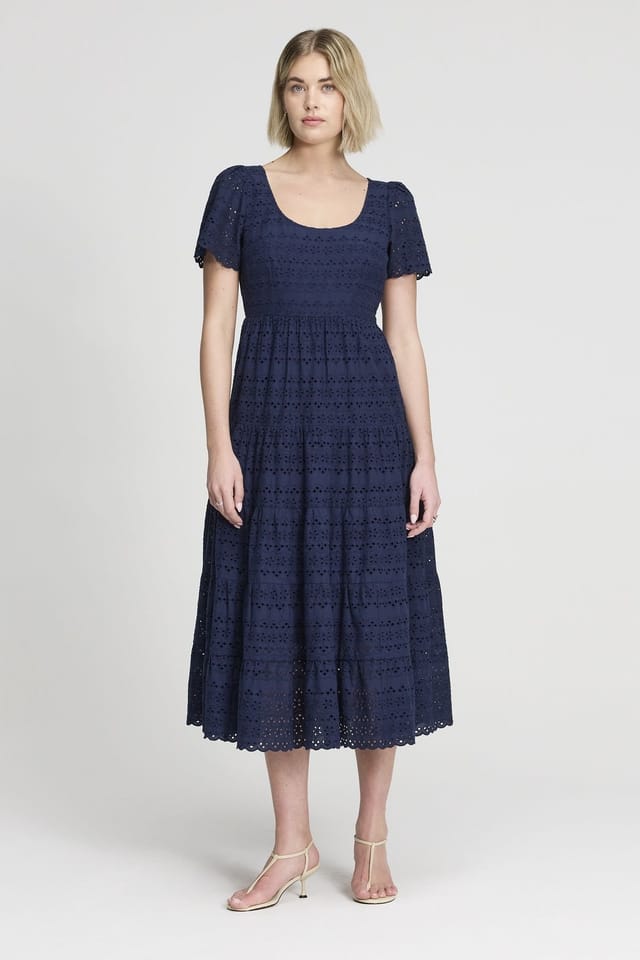 Finery London Finery London Women's Jemma Cotton Broderie Tiered Midi Dress in Mid Navy - 2