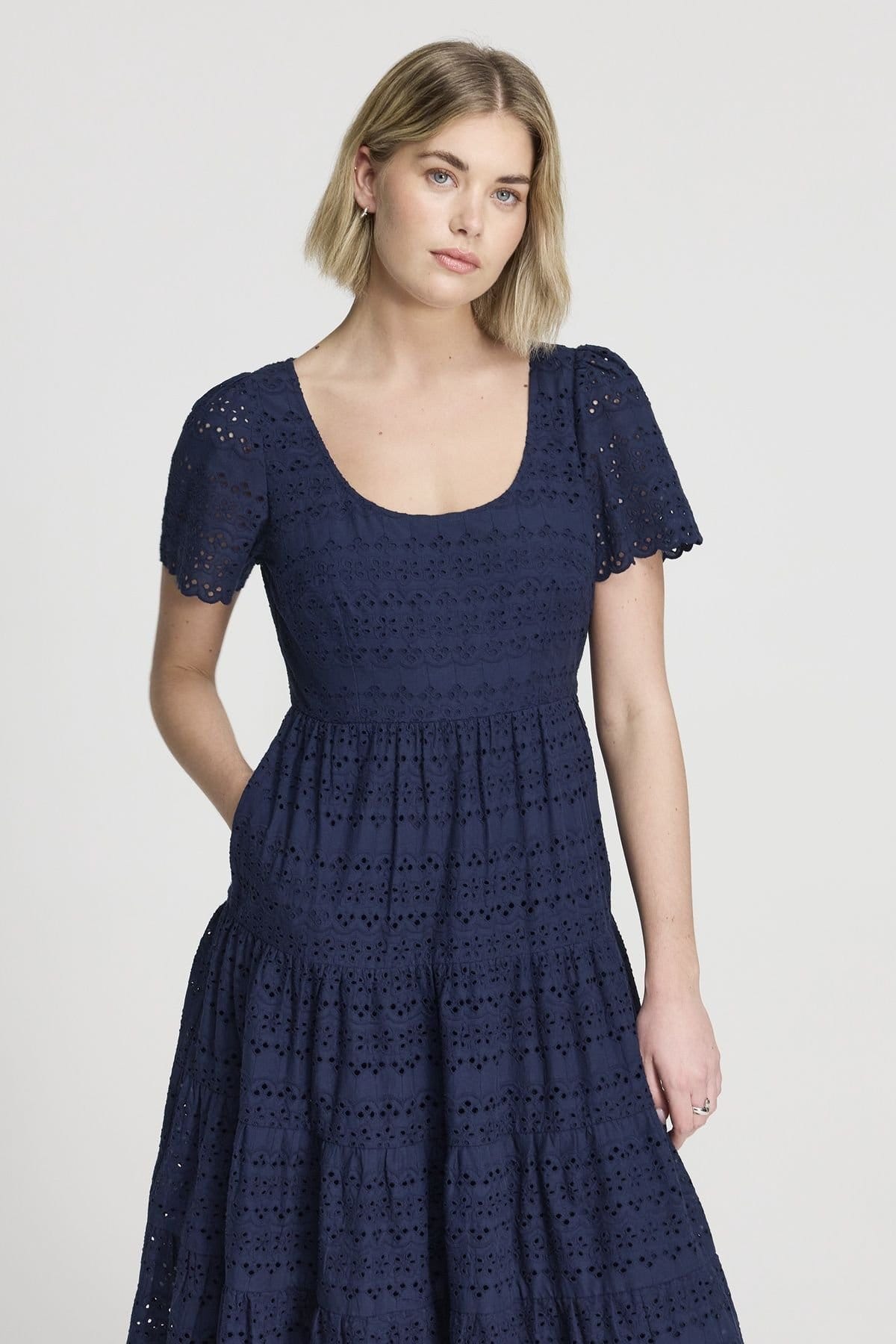 Finery London Finery London Women's Jemma Cotton Broderie Tiered Midi Dress in Mid Navy - 4