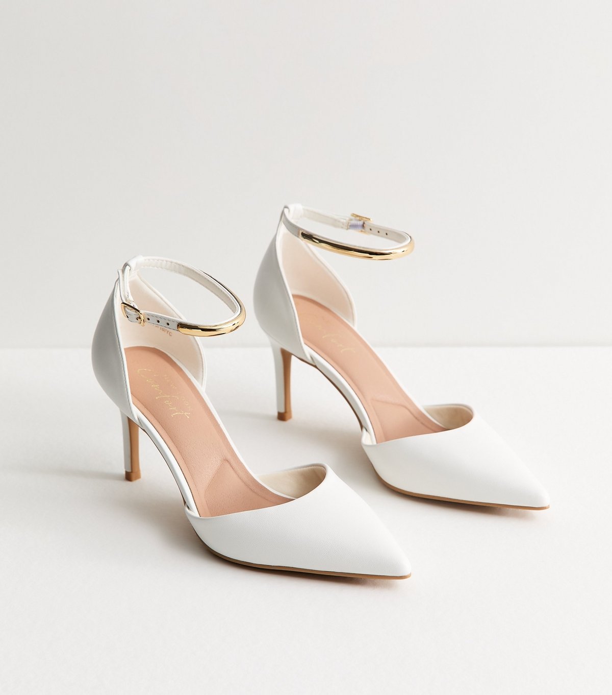 New Look Women's White Faux Leather Gold Trim Pointed Pumps Vegan New Look - 4