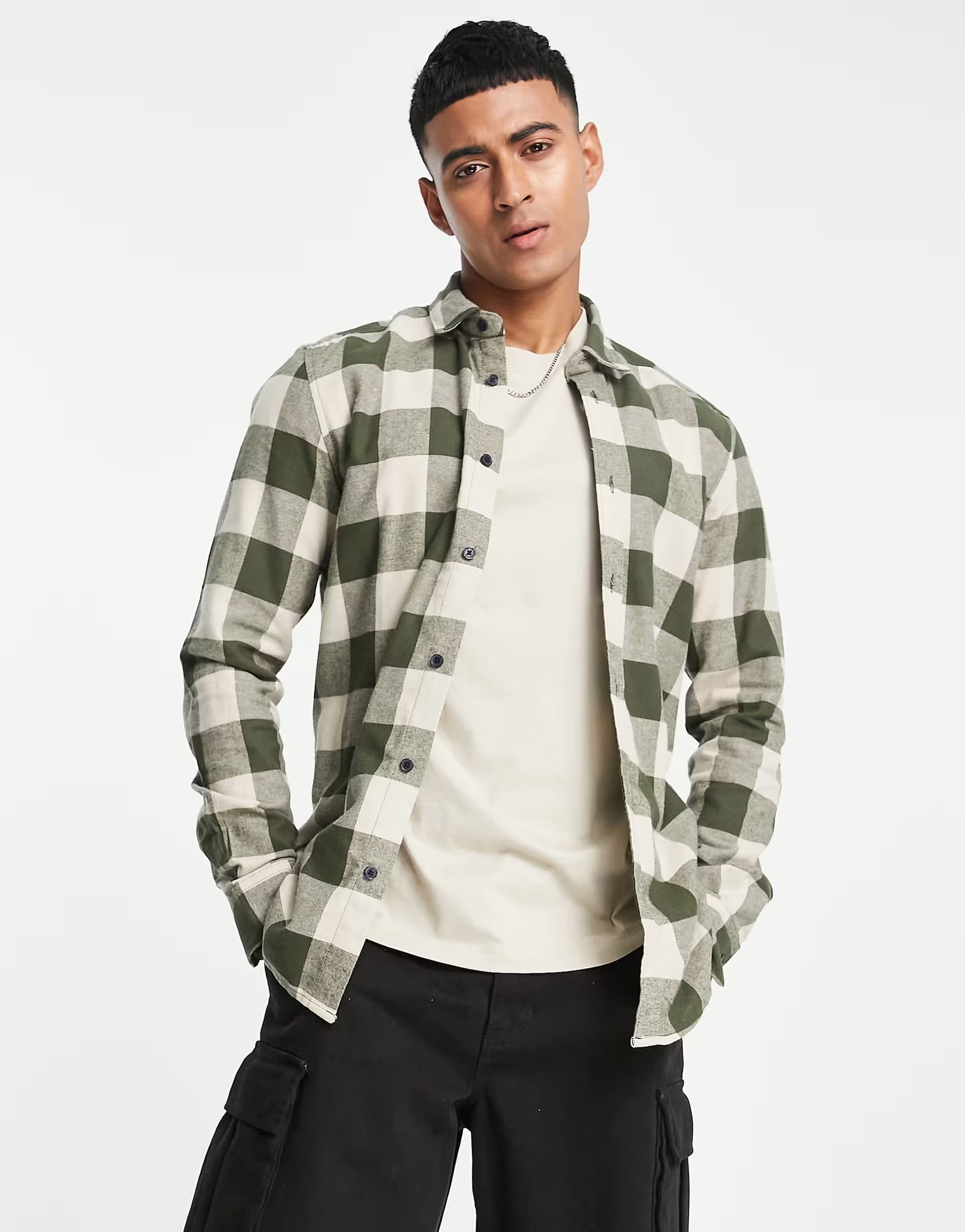 ASOS ONLY & SONS buffalo check shirt in khaki and beige
