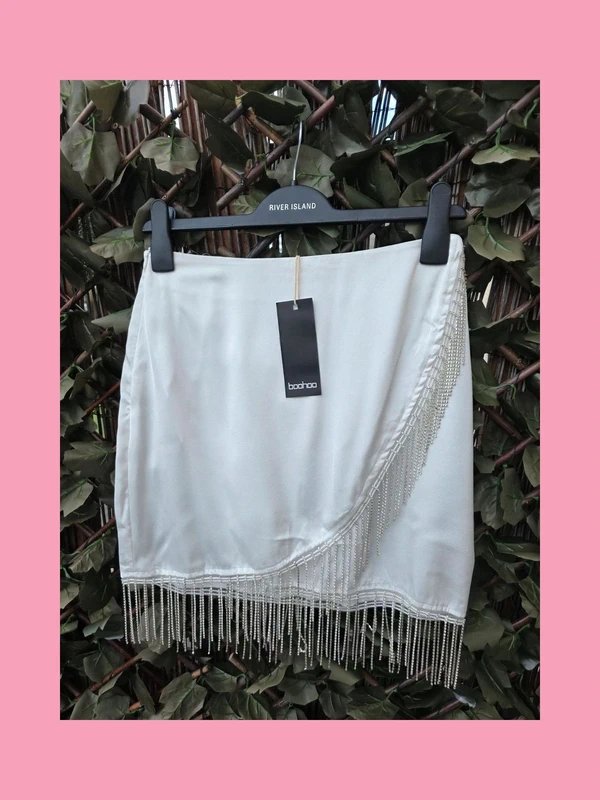 Boohoo Boohoo petite white satin diamante tassle skirt small 8-10 brand new with tags on - 1
