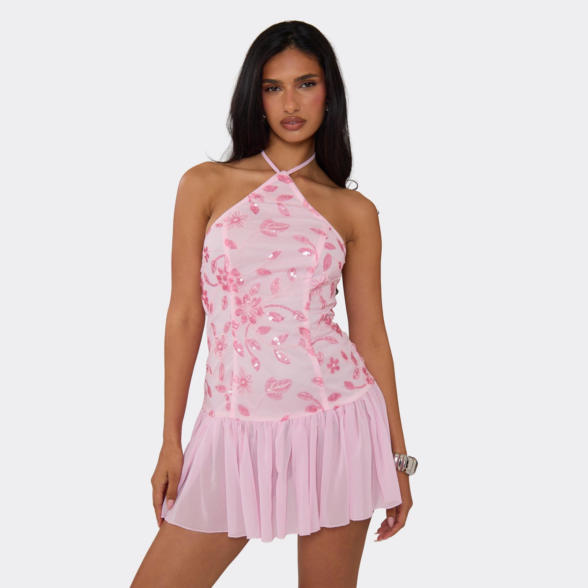 EGO Halterneck Contrast Sequin Detail Frill Hem Mini Dress In Light Pink, Women's Size UK 4