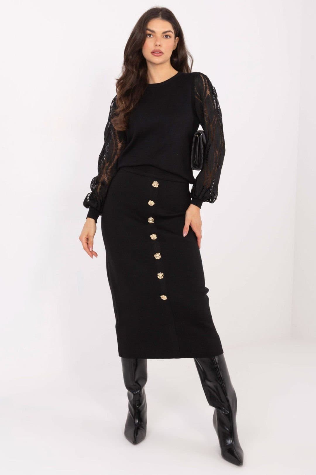 Love Lace Love Lace Women's Elegant Viscose Polyester Midi Knit Skirt in Black