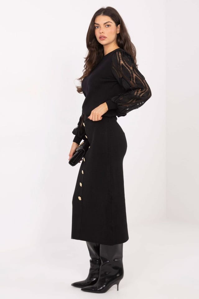 Love Lace Love Lace Women's Elegant Viscose Polyester Midi Knit Skirt in Black - 2