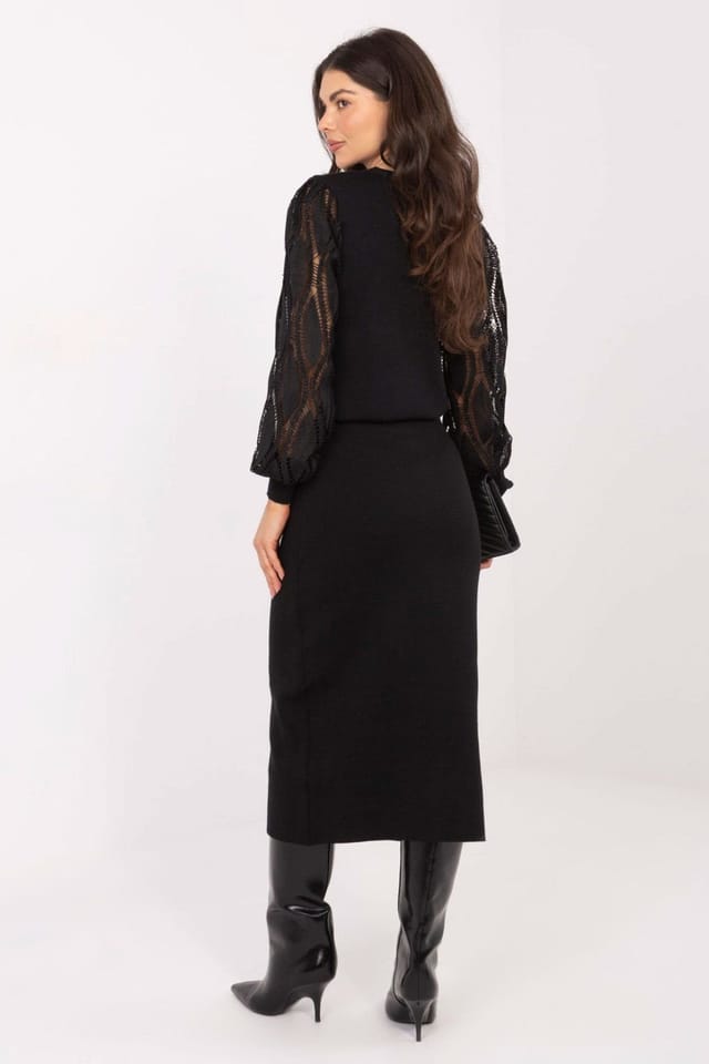 Love Lace Love Lace Women's Elegant Viscose Polyester Midi Knit Skirt in Black - 3