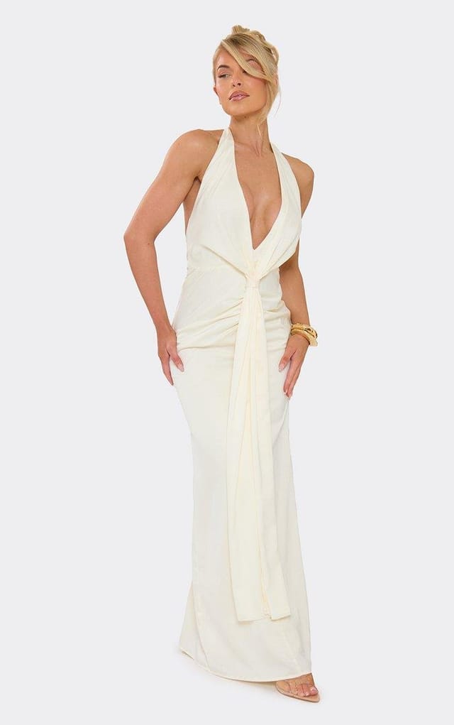 EGO Halterneck Plunge Front Knot Detail Fishtail Maxi Dress In Lemon, Women's Size UK 6 - 2