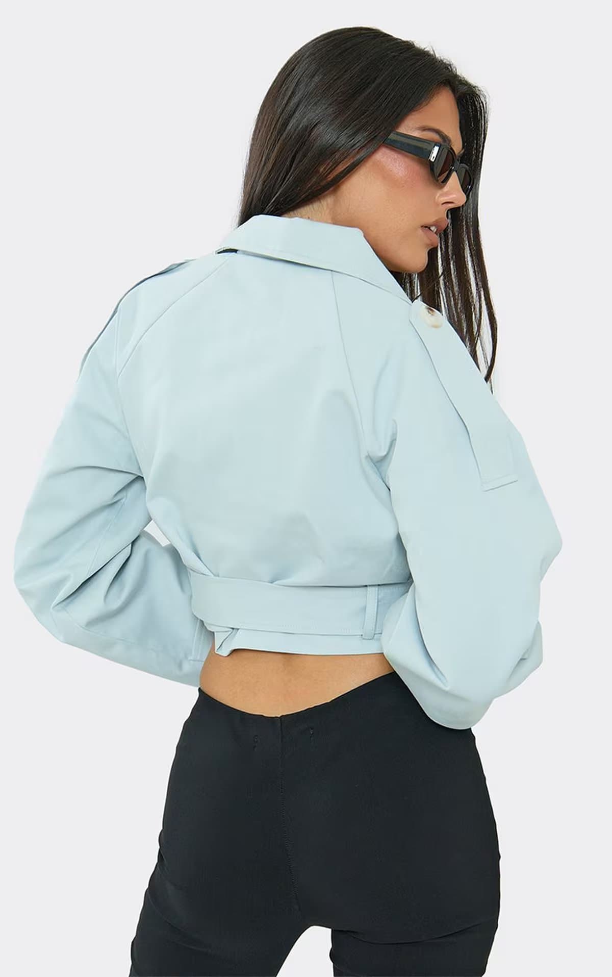 EGO Button Detail Tie Waist Cropped Trench Coat In Baby Blue, Women's Size UK 10