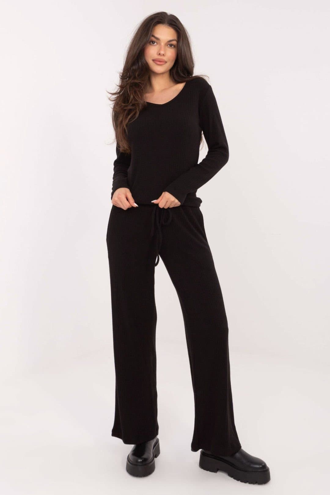 Love Lace Love Lace Women's Comfort Knit Wide Leg Trousers High Waist in Black