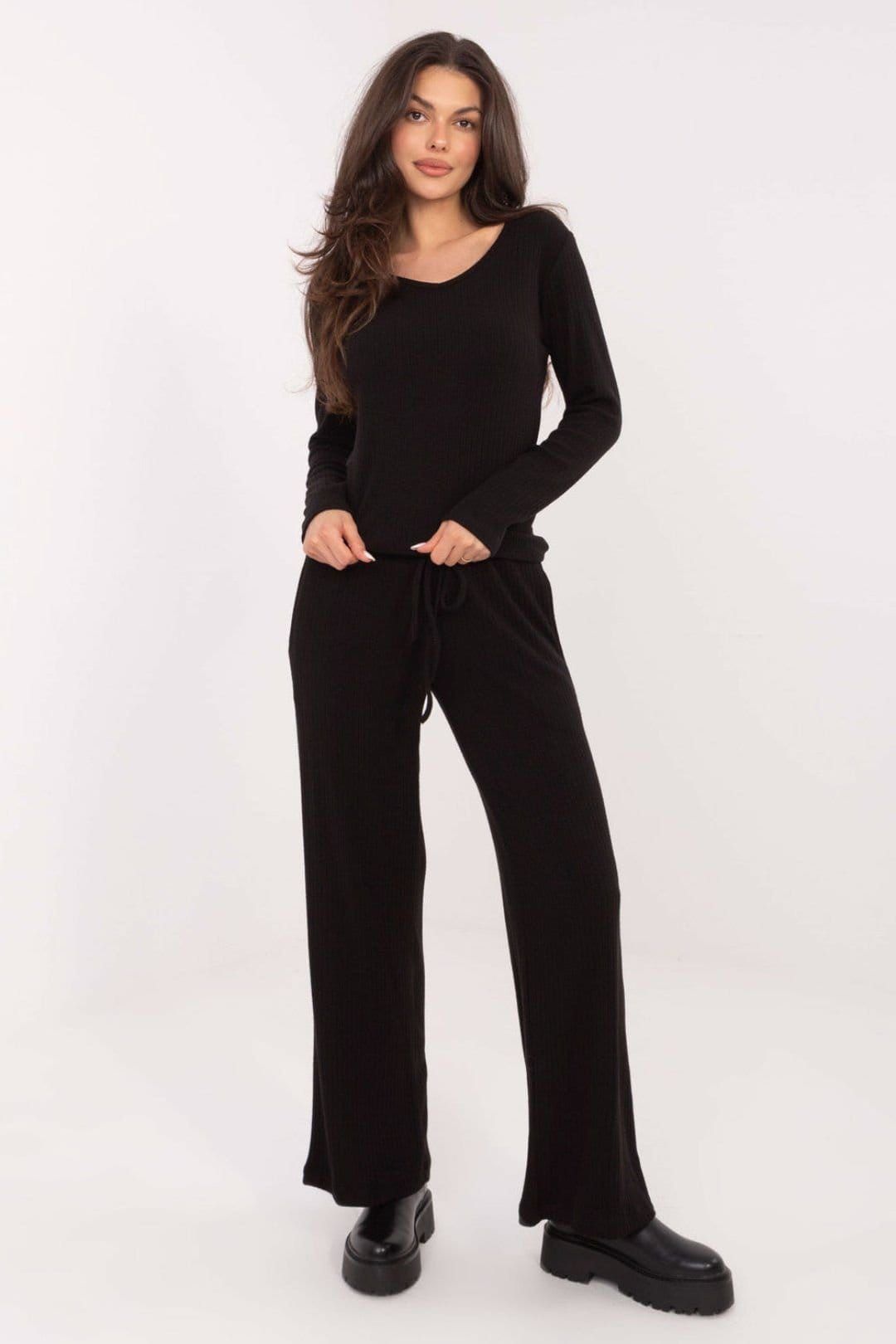 Love Lace Black Knit Wide Leg Trousers High Waist