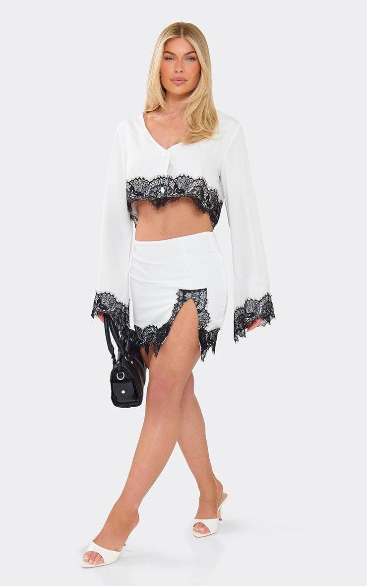 EGO High Waist Split Leg Lace Trim Mini Skirt In White, Women's Size UK 6 - 2