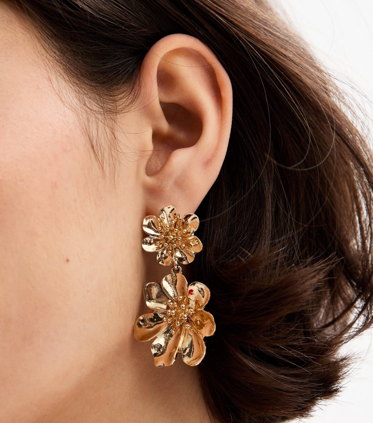 New Look Gold Tone Two Flower Drop Stud Earrings New Look - 1