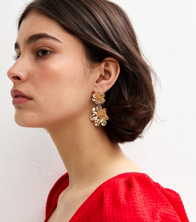 New Look Gold Tone Two Flower Drop Stud Earrings New Look - 2