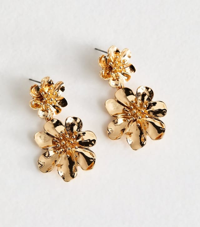 New Look Gold Tone Two Flower Drop Stud Earrings New Look - 3