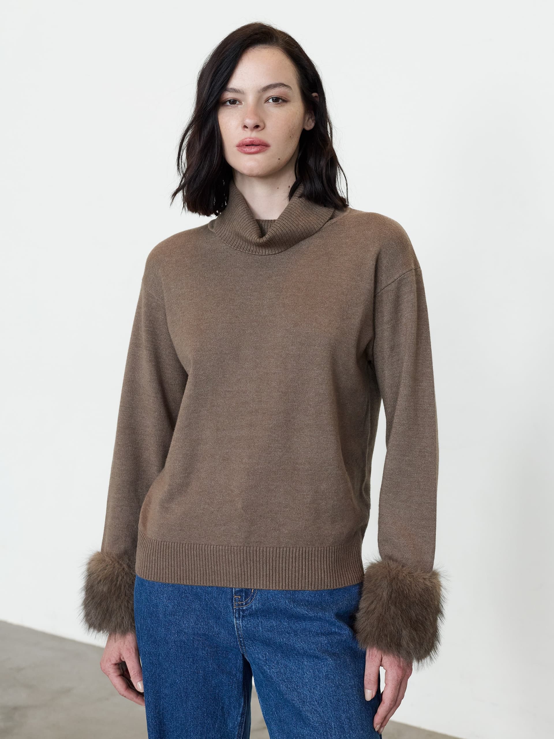 French Connection Moana Brown Faux Fur Cuff Roll Neck Jumper Mink Brown
