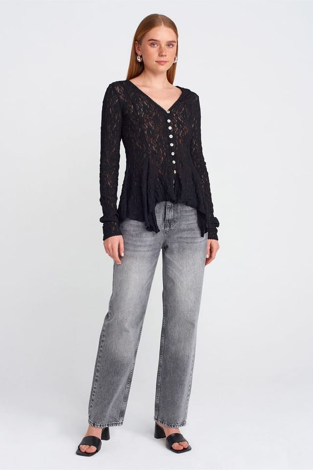 Dilvin Dilvin Women's Lace V-Neck Button Cardigan in Black - 3