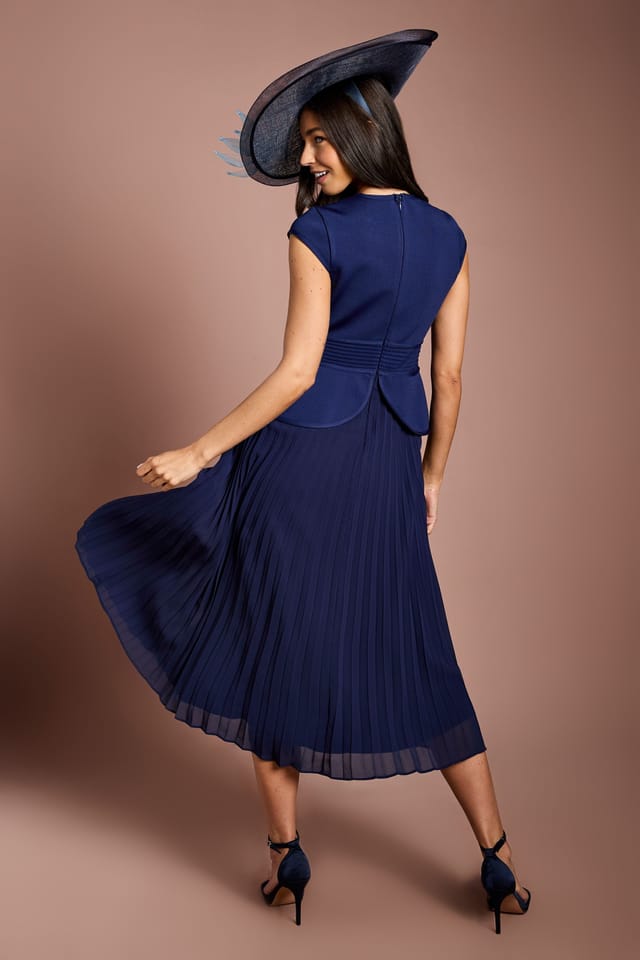 Coast Coast Women's Lisa Tan Bandage Bodice Pleat Skirt Bow Detail Midi Dress in Navy - 3