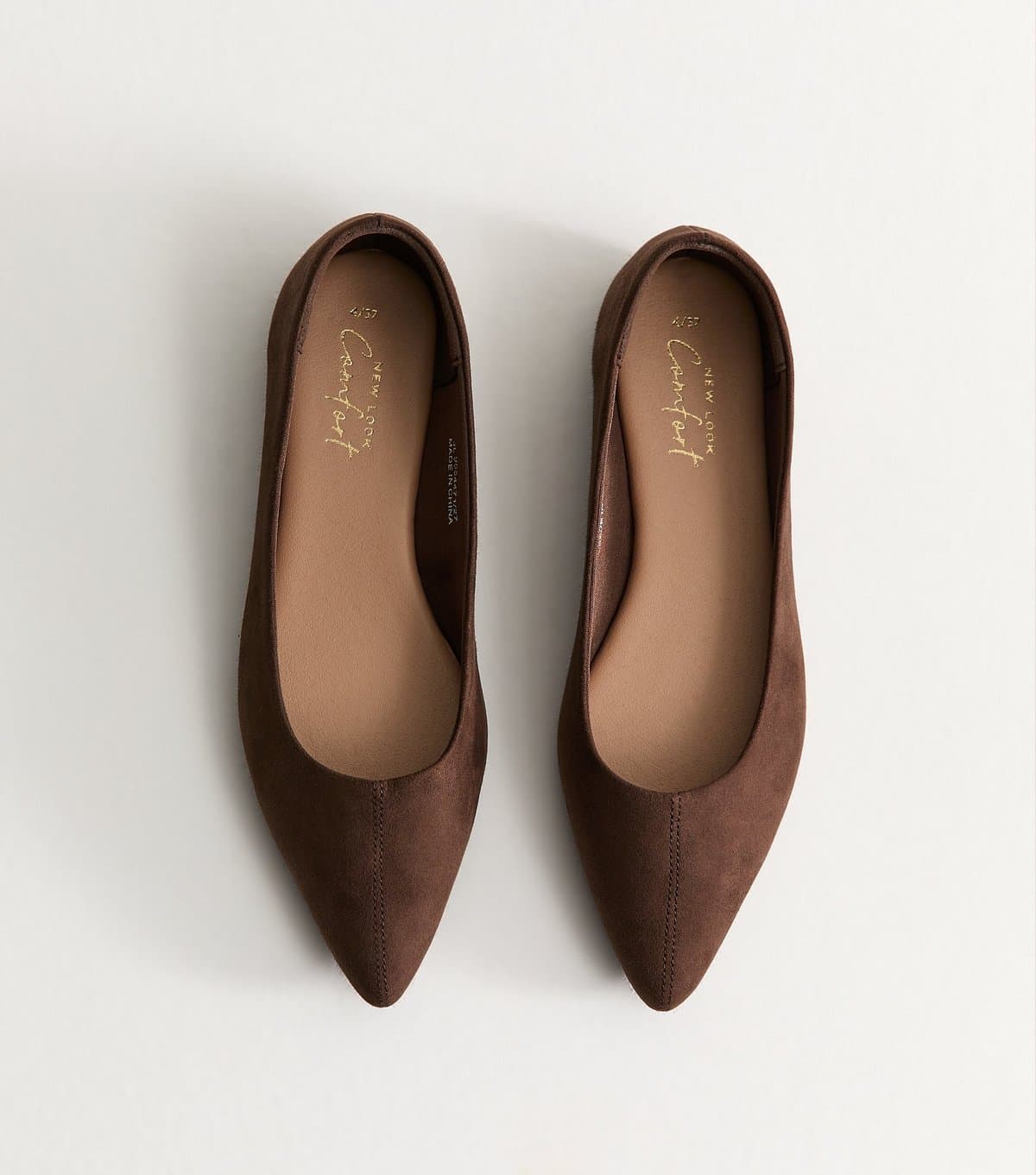 New Look Women's Dark Brown Faux Suede Pointed Toe Ballet Flats Vegan New Look
