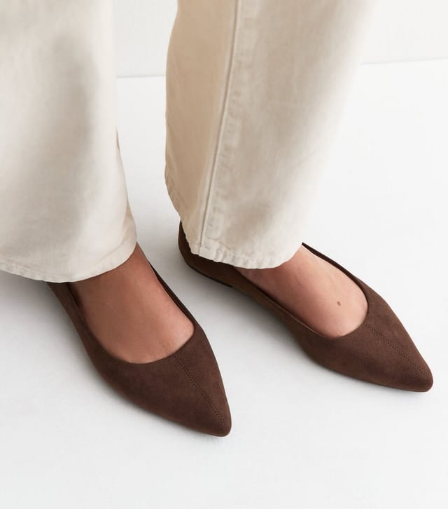 New Look Women's Dark Brown Faux Suede Pointed Toe Ballet Flats Vegan New Look - 2