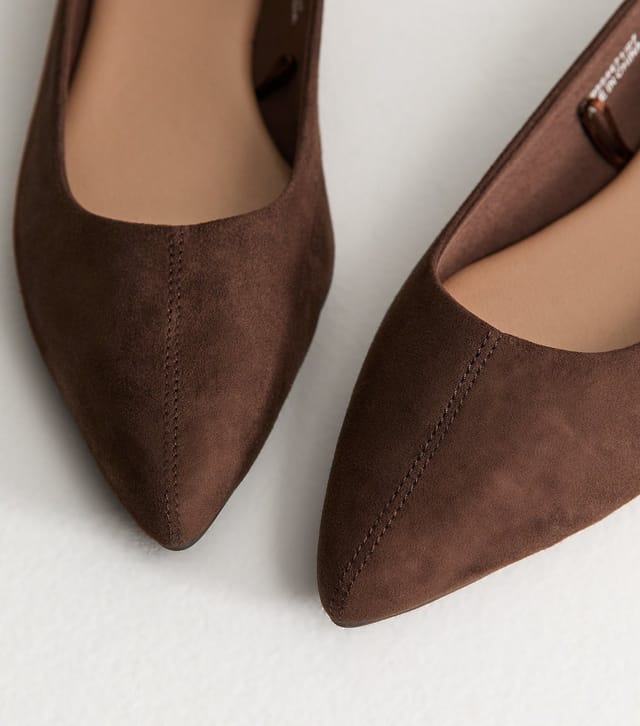 New Look Women's Dark Brown Faux Suede Pointed Toe Ballet Flats Vegan New Look - 3
