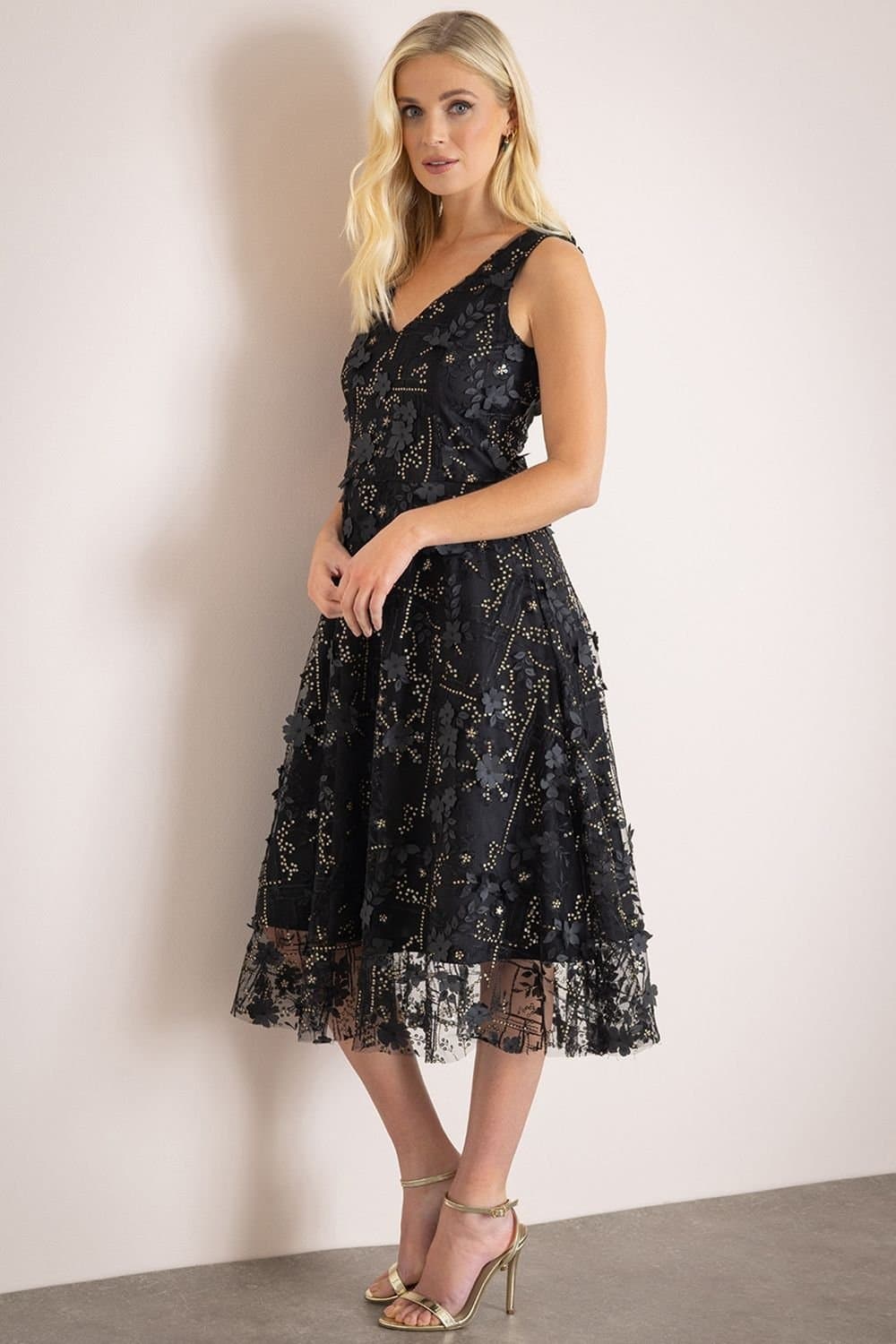 klass Klass. Women's Sleeveless Applique Shimmer Dress in Black