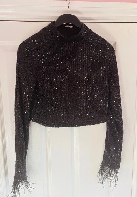 Coast Black Sequin Crop Top with Feather Trim