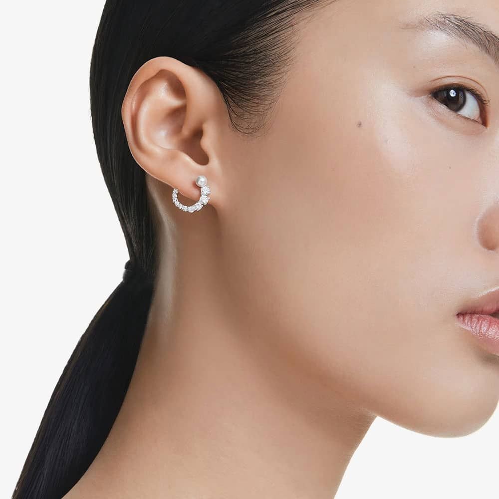 Swarovski Swarovski Women's Matrix Rhodium Plated Circle Pearl & Crystal Earrings 5692260 in Silver - 4