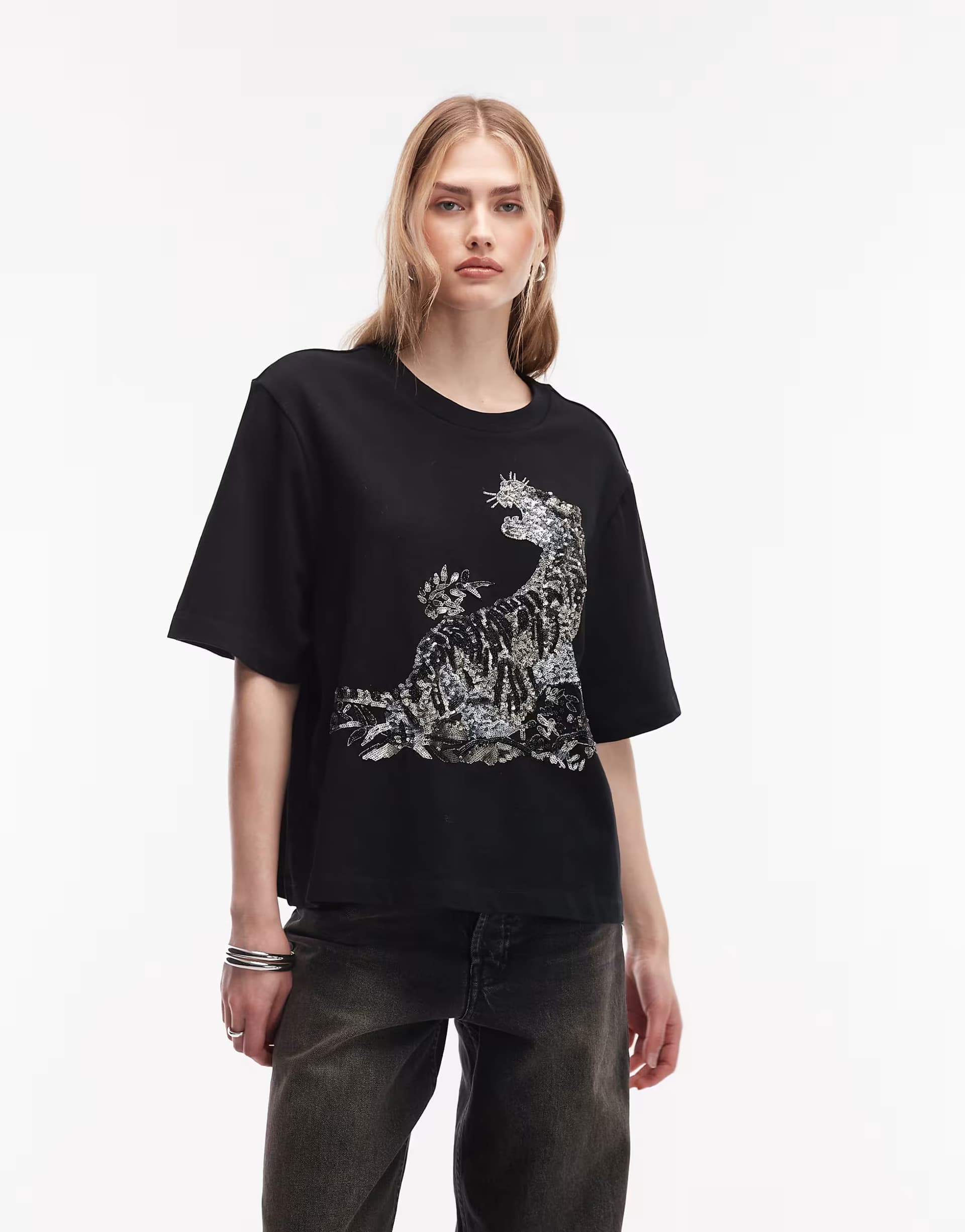 ASOS AllSaints Lisa tiger sequin graphic t-shirt in black