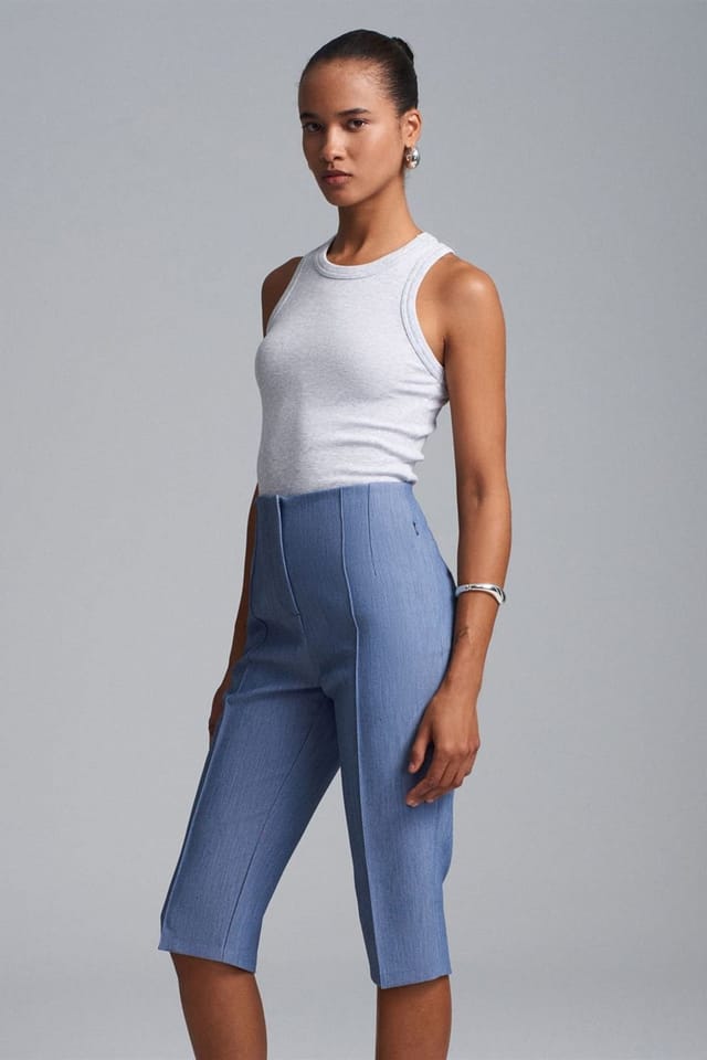 Dilvin Dilvin Women's High-waist Straight Capri Shorts With Slit in Mid Blue - 3