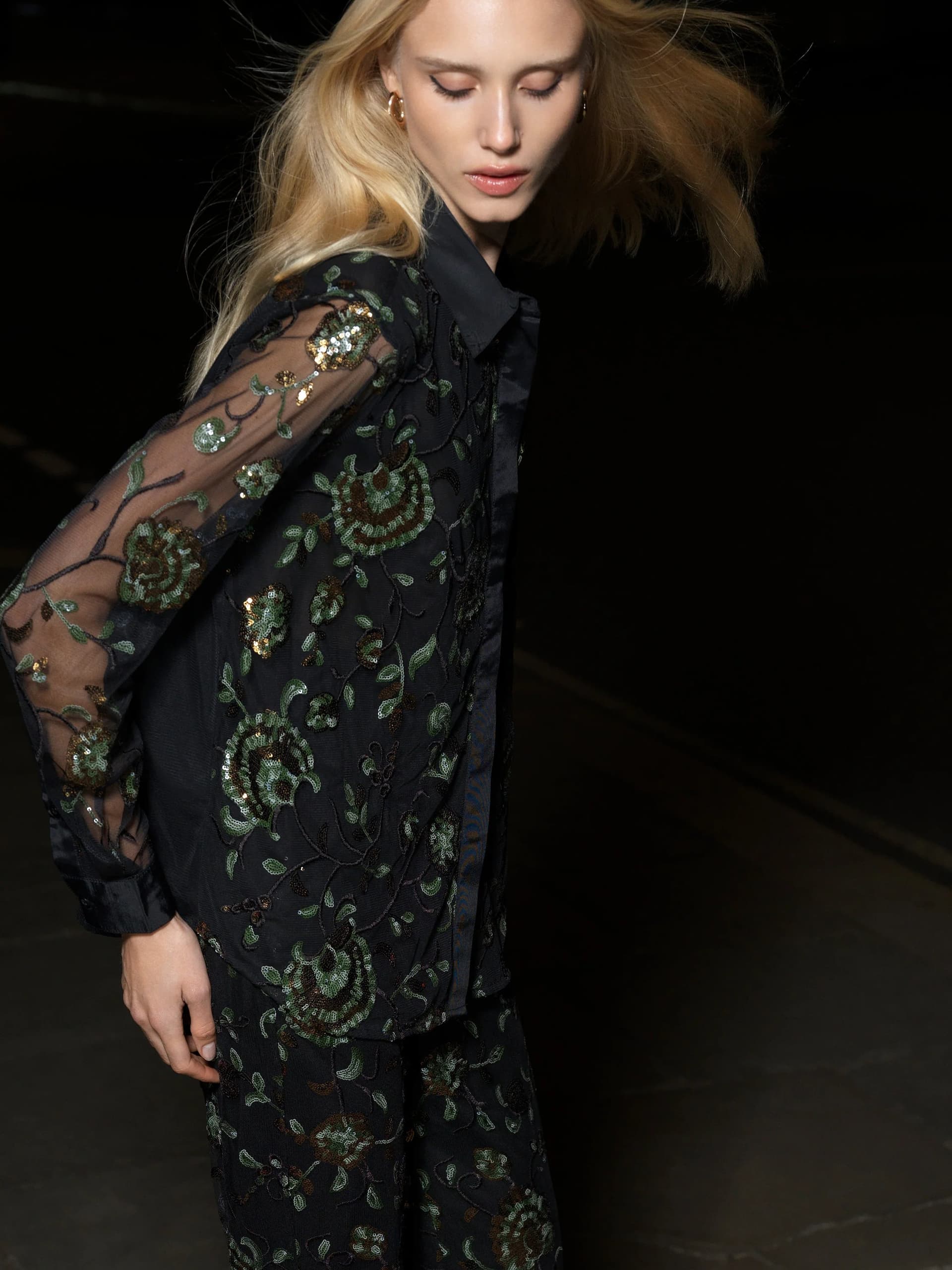 French Connection Roshene Sequin Long Sleeve Shirt Black Sequin Multi