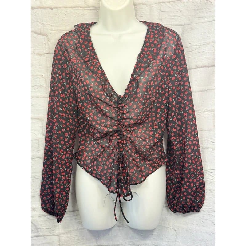 Bershka Bershka Blouse Chiffon Sheer Top Size 10 Ruched Front Black & Red Floral Fairy