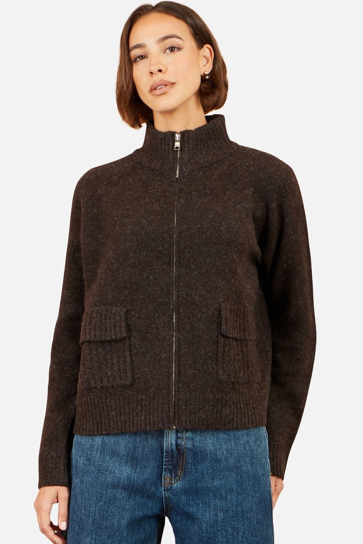 Yumi Yumi Women's Zip Up Cardigan in Dark Brown