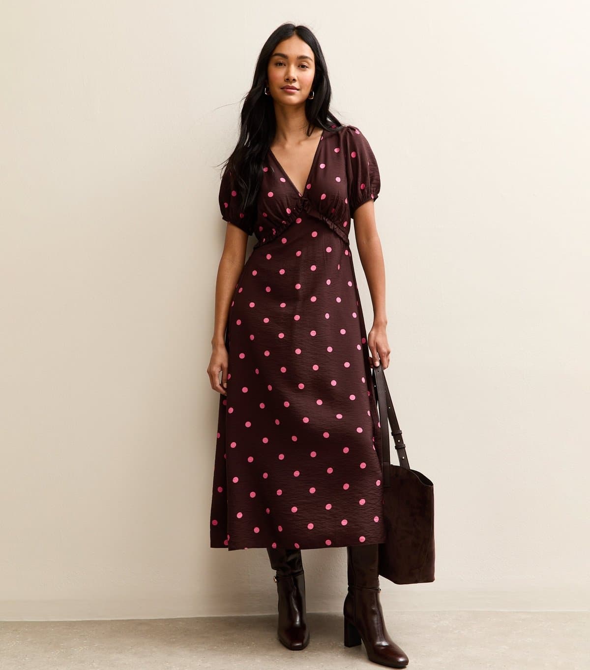 New Look Women's Burgundy Polka Dot Print Short Sleeve Midi Dress New Look