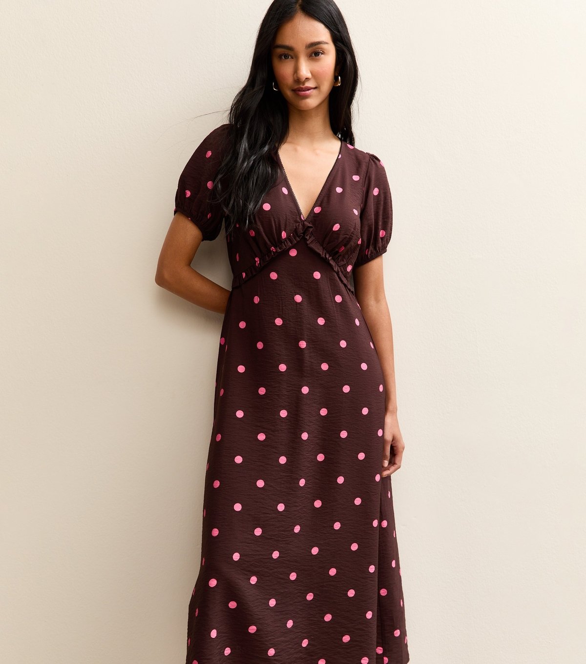 New Look Women's Burgundy Polka Dot Print Short Sleeve Midi Dress New Look - 3