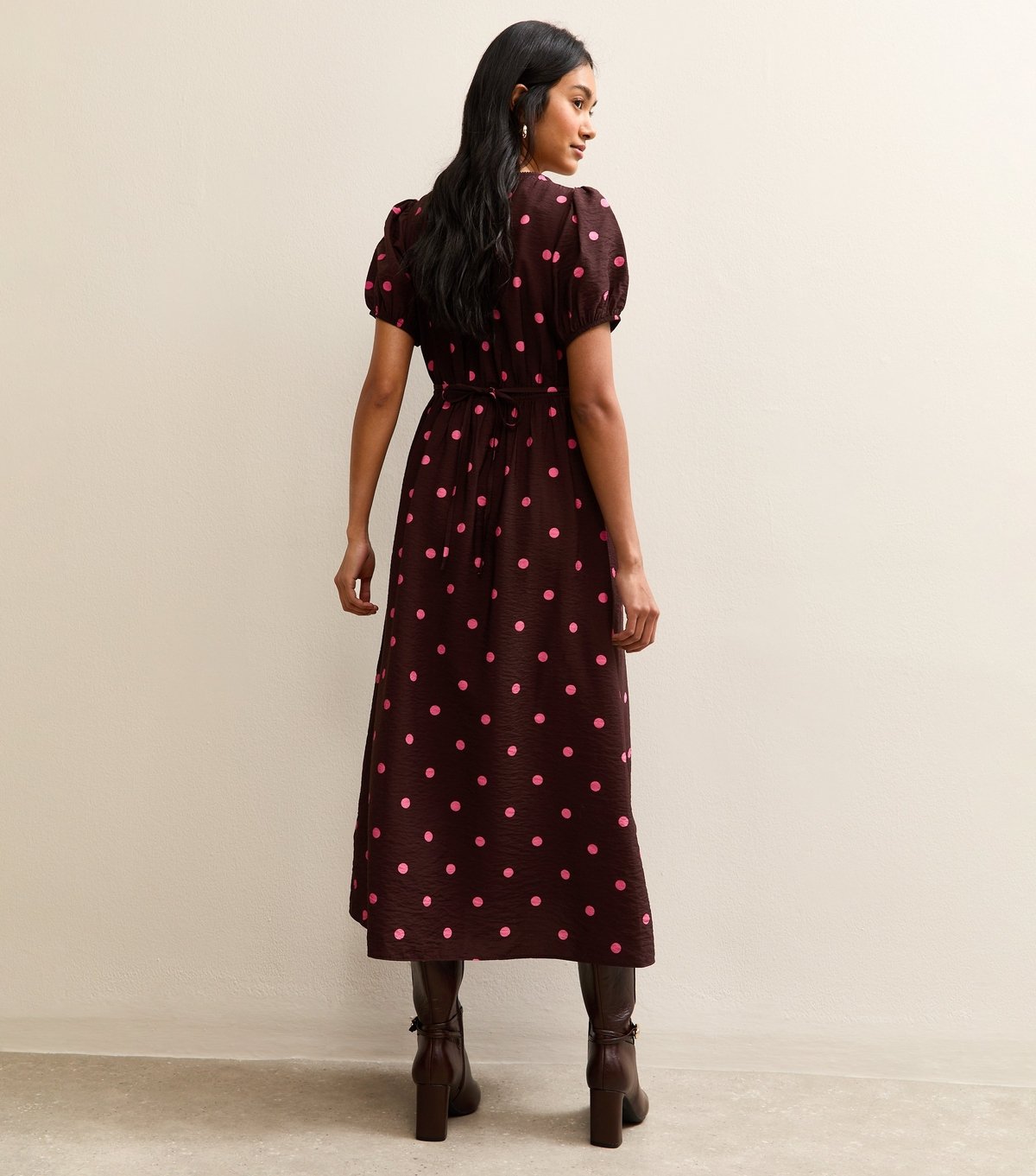 New Look Women's Burgundy Polka Dot Print Short Sleeve Midi Dress New Look - 4