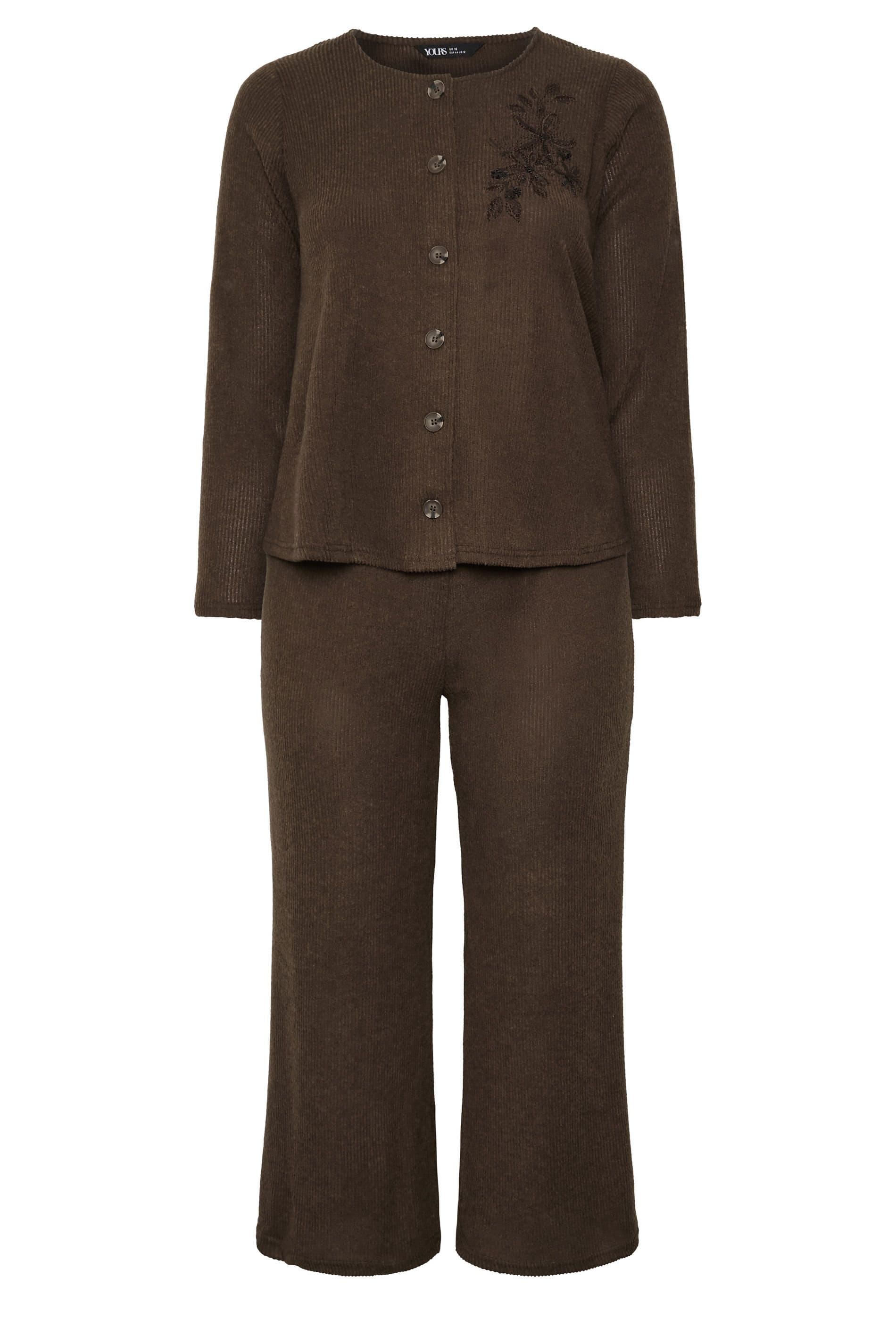 Yours Yours Women's Soft Touch Embroidered Cardigan Set in Chocolate