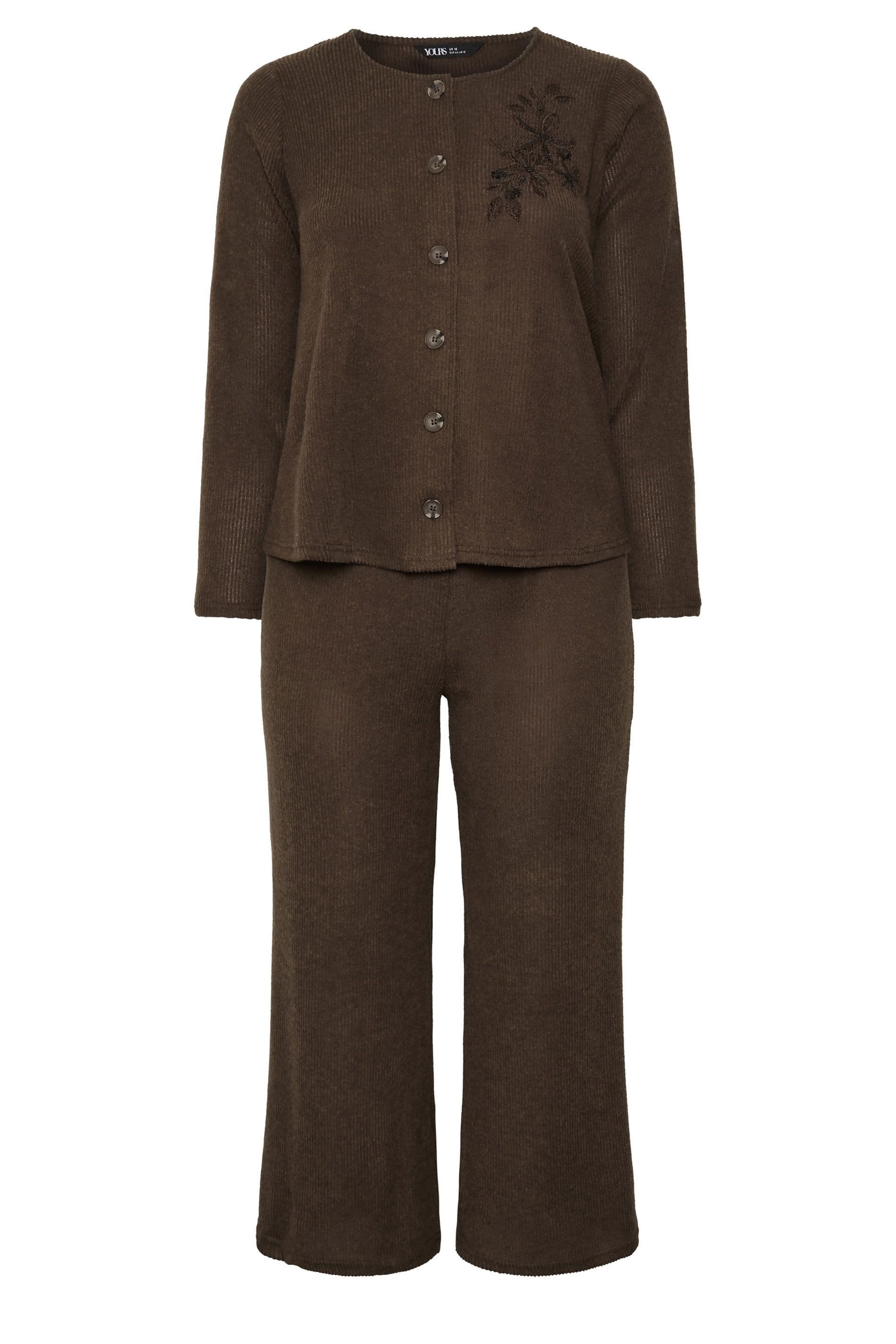 Yours Women's Soft Touch Embroidered Cardigan Set in Chocolate