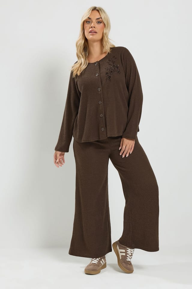 Yours Yours Women's Soft Touch Embroidered Cardigan Set in Chocolate - 2
