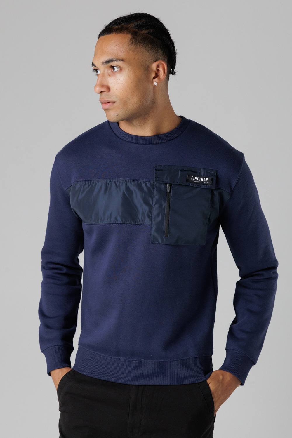 Firetrap Firetrap Men's Regular Fit Cotton Rich Crew Neck Sweatshirt with Chest Pocket in Dark Navy - 2