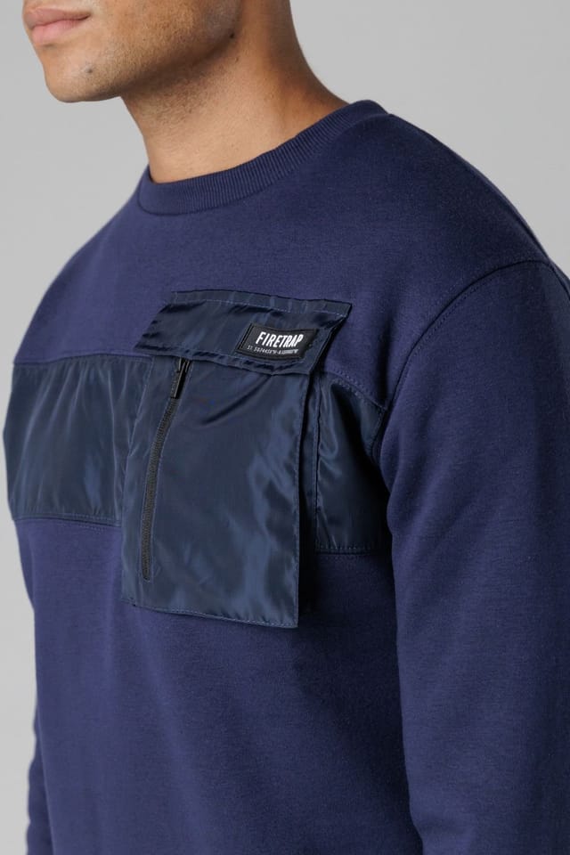 Firetrap Firetrap Men's Regular Fit Cotton Rich Crew Neck Sweatshirt with Chest Pocket in Dark Navy - 3