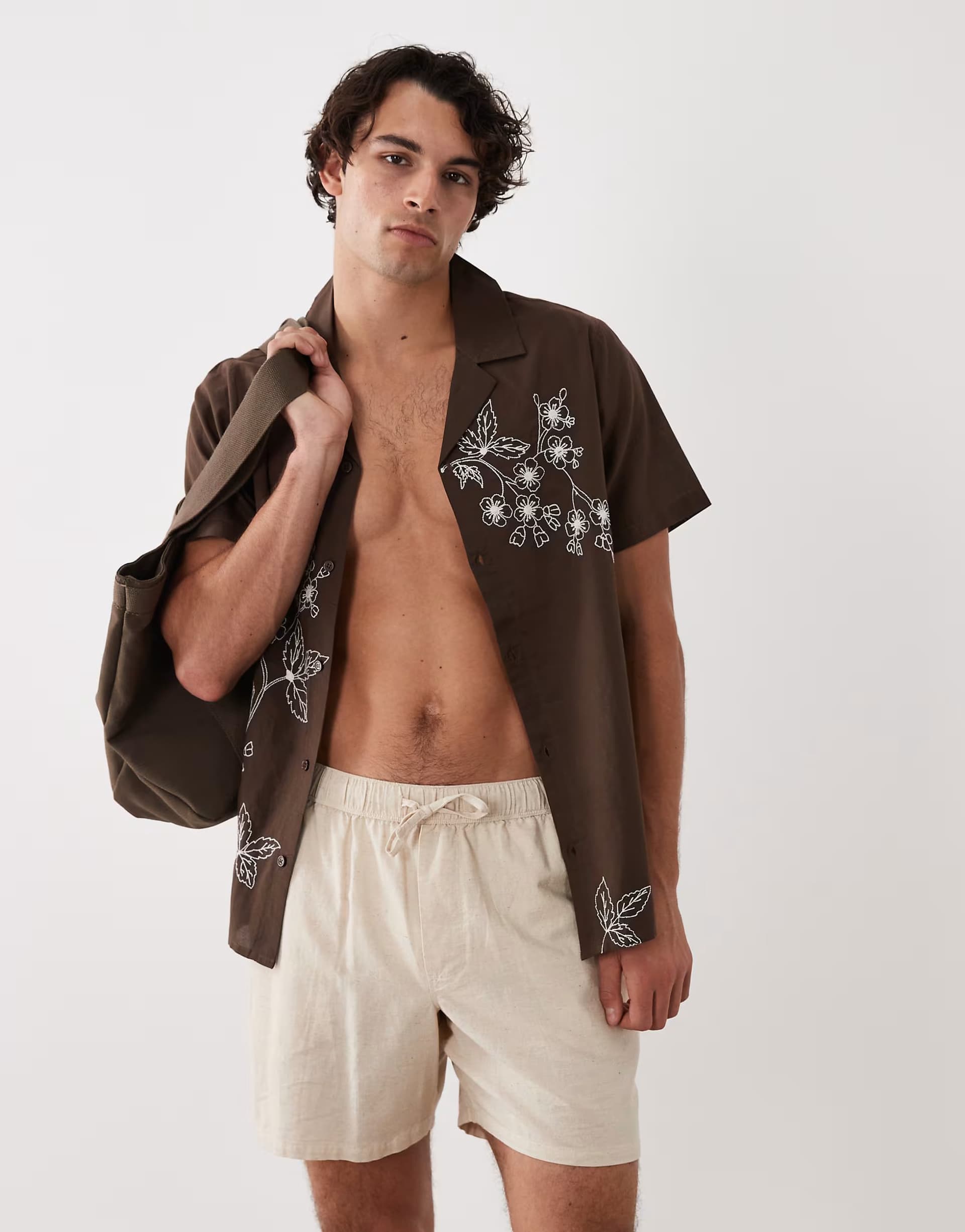 ASOS South Beach embroidered beach shirt in dark brown