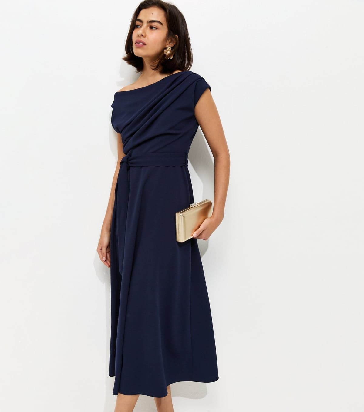 New Look Women's Navy Fallen Shoulder Tie Waist Midi Dress New Look