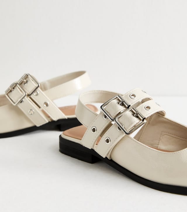 New Look Women's Off White Faux Leather Eyelet Strap Mary Jane Flats Vegan New Look - 3