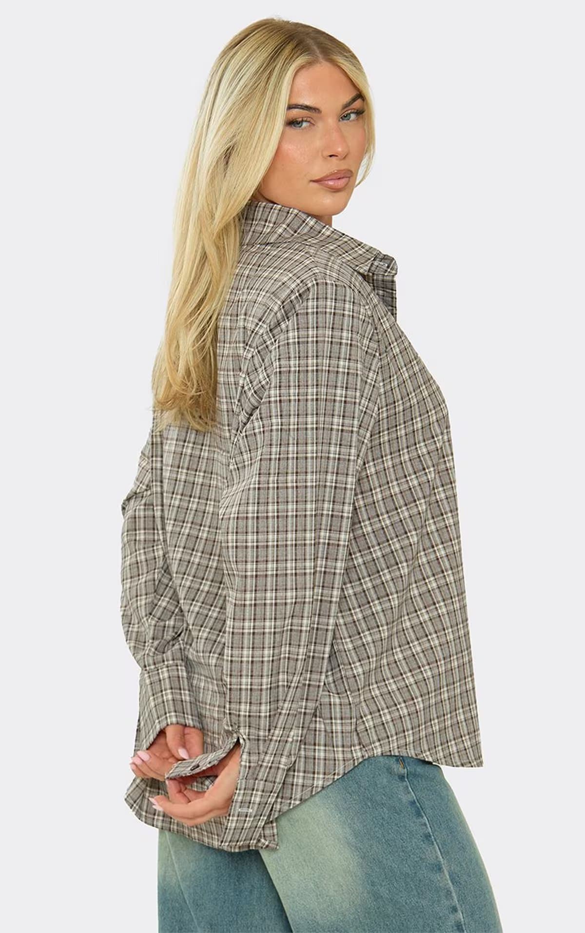 EGO Long Sleeve Button Front Oversized Shirt In Brown Plaid Print, Women's Size UK One Size