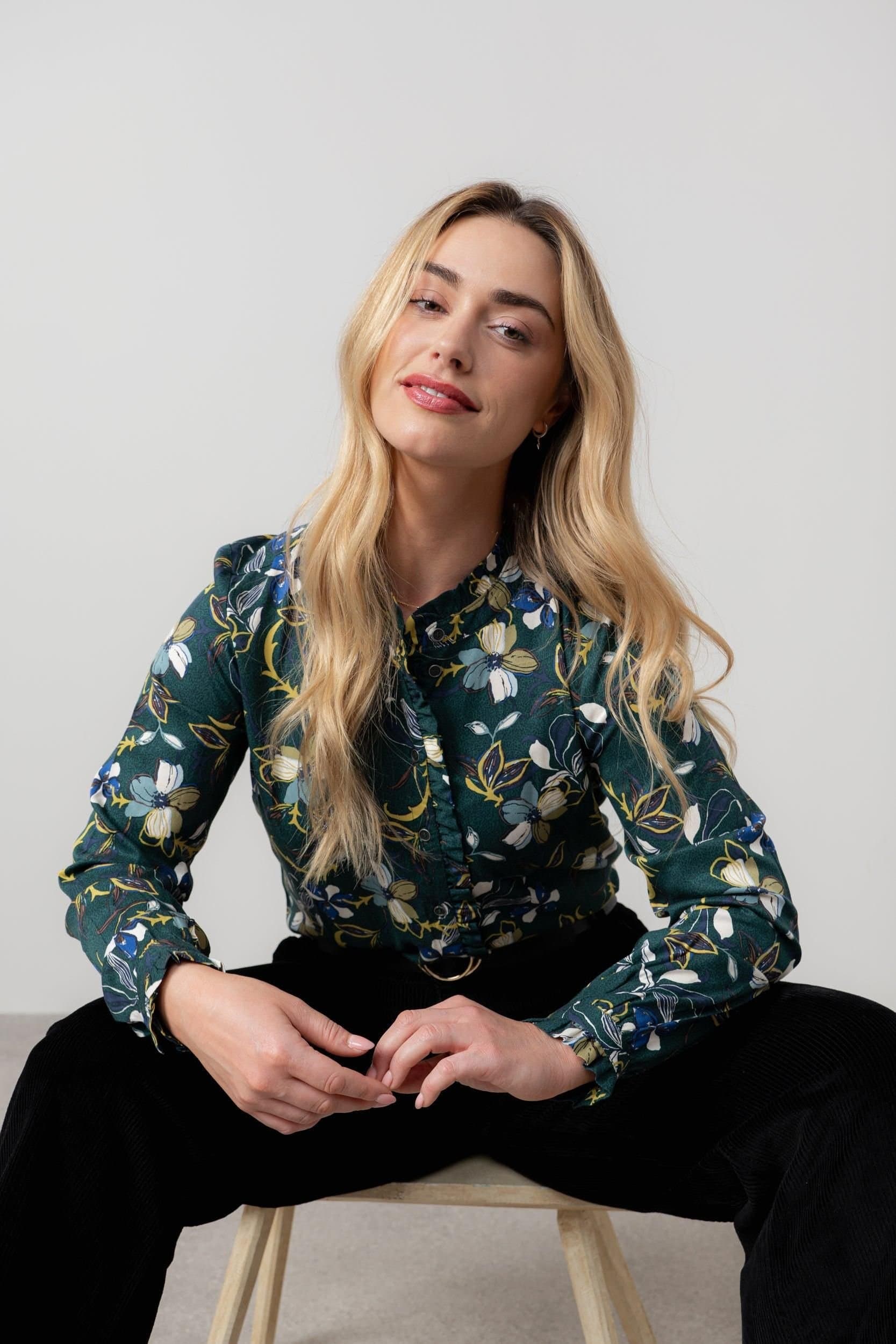 Lily & Me Lily & Me Women's Sage Floral Print Frill Long Sleeve Blouse in Green