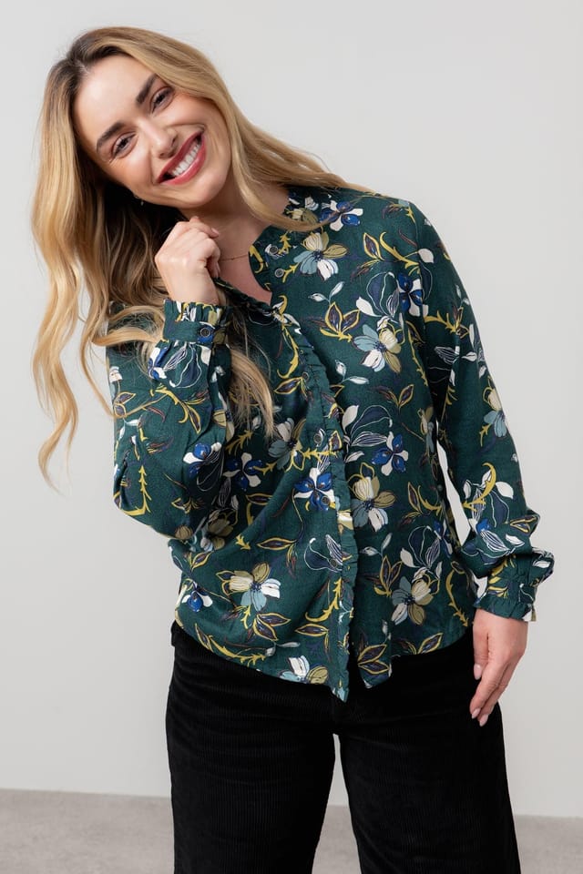 Lily & Me Lily & Me Women's Sage Floral Print Frill Long Sleeve Blouse in Green - 2