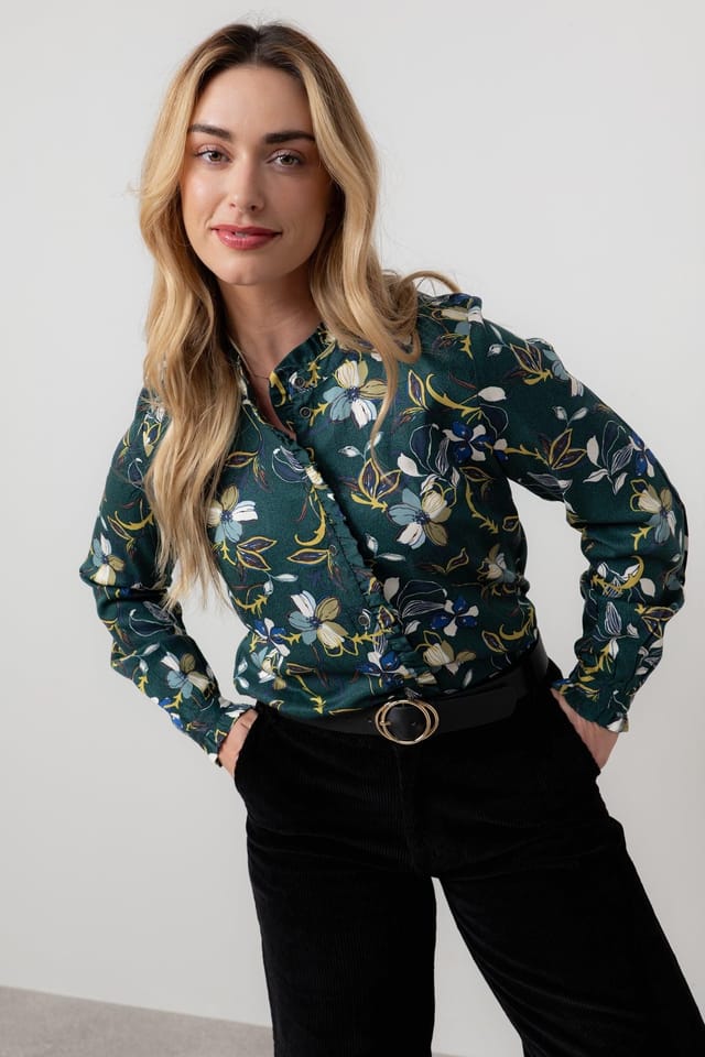 Lily & Me Lily & Me Women's Sage Floral Print Frill Long Sleeve Blouse in Green - 3