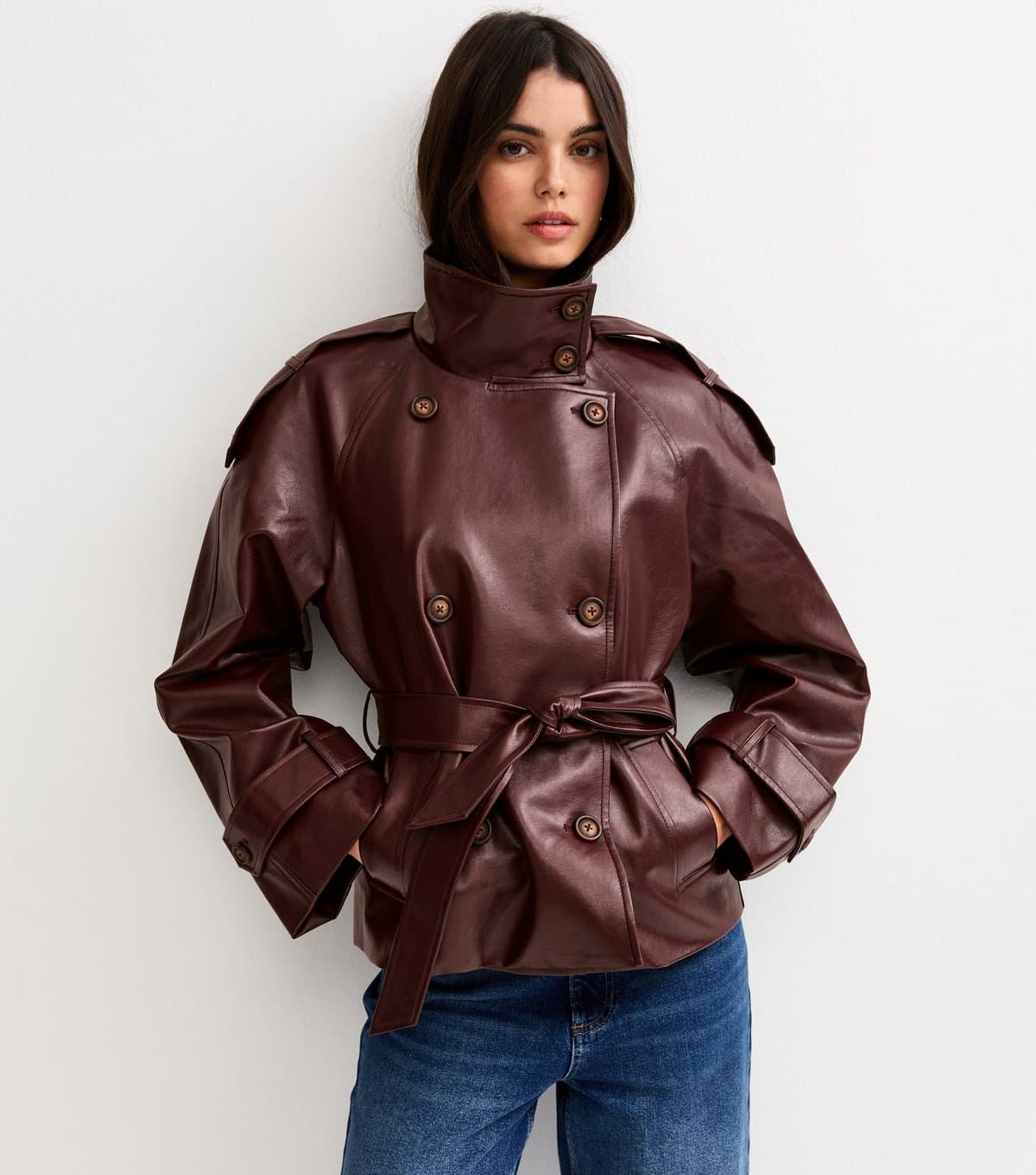 New Look Women's Dark Burgundy Faux Leather Belted Funnel Neck Jacket New Look